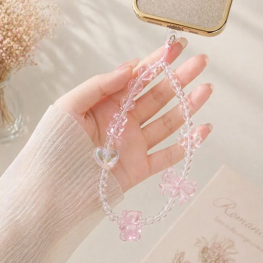 Beaded hand-held lanyard chain, phone wrist strap pink bear butterfly wristlet
